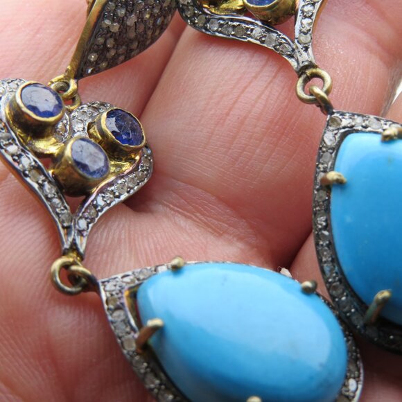 $2600 Turquoise Diamond Sapphire 14k oner Silver Earring - Picture 3 of 7